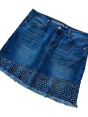 Hydraulic Blue Denim LOLA Mini mid rise Skirt with Studded Fringe Hem  Sz 12